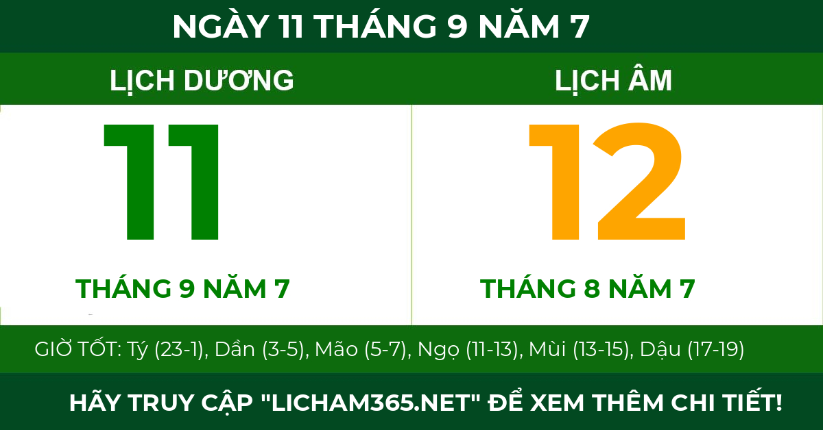 lịch âm ngày 11 tháng 9 năm 7