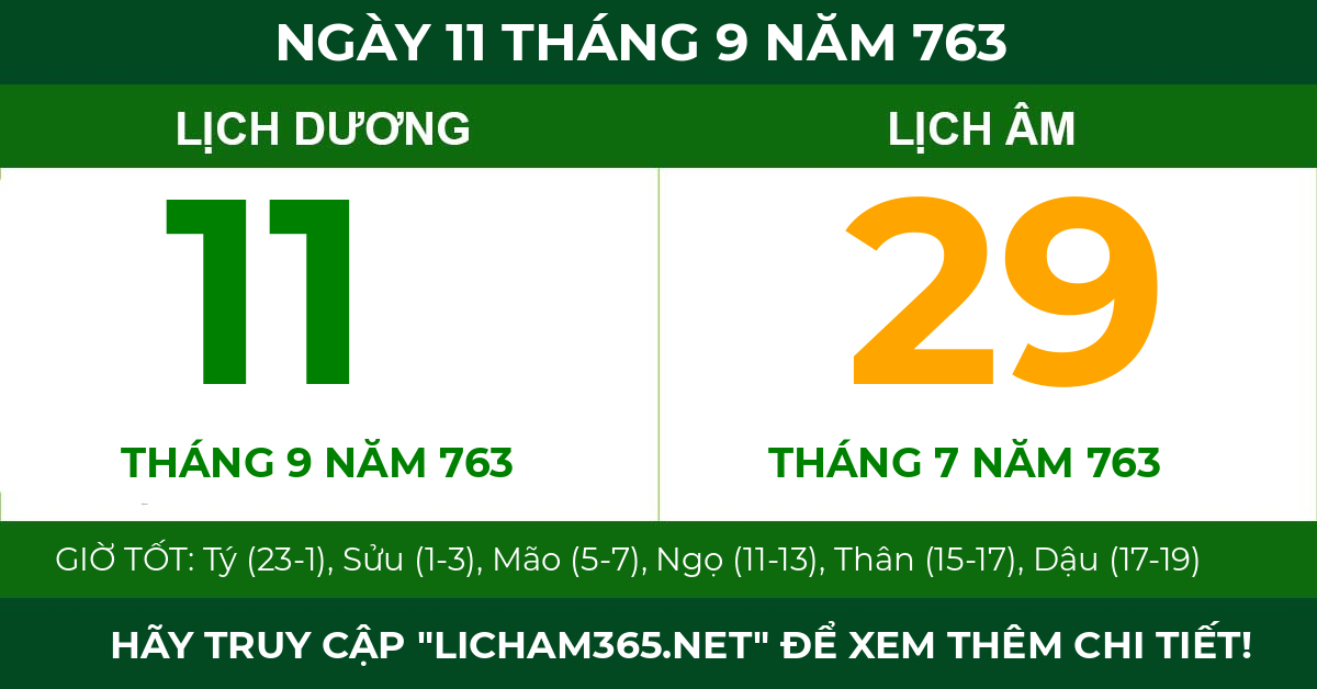 lịch âm ngày 11 tháng 9 năm 763