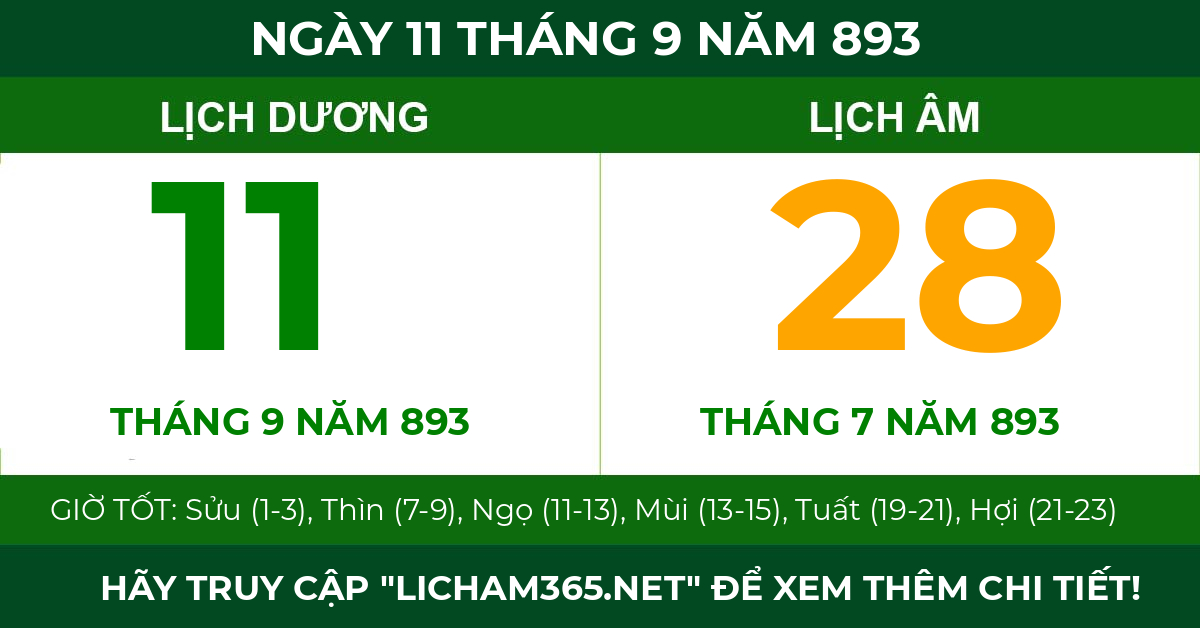 lịch âm ngày 11 tháng 9 năm 893