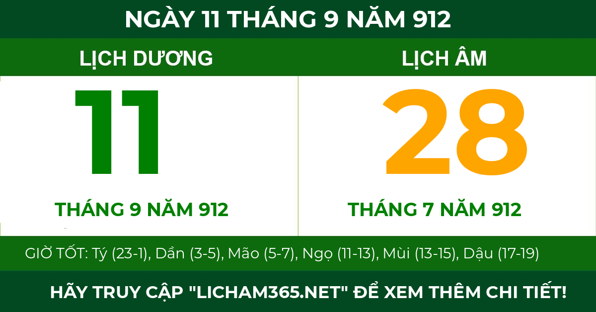 lịch âm ngày 11 tháng 9 năm 912