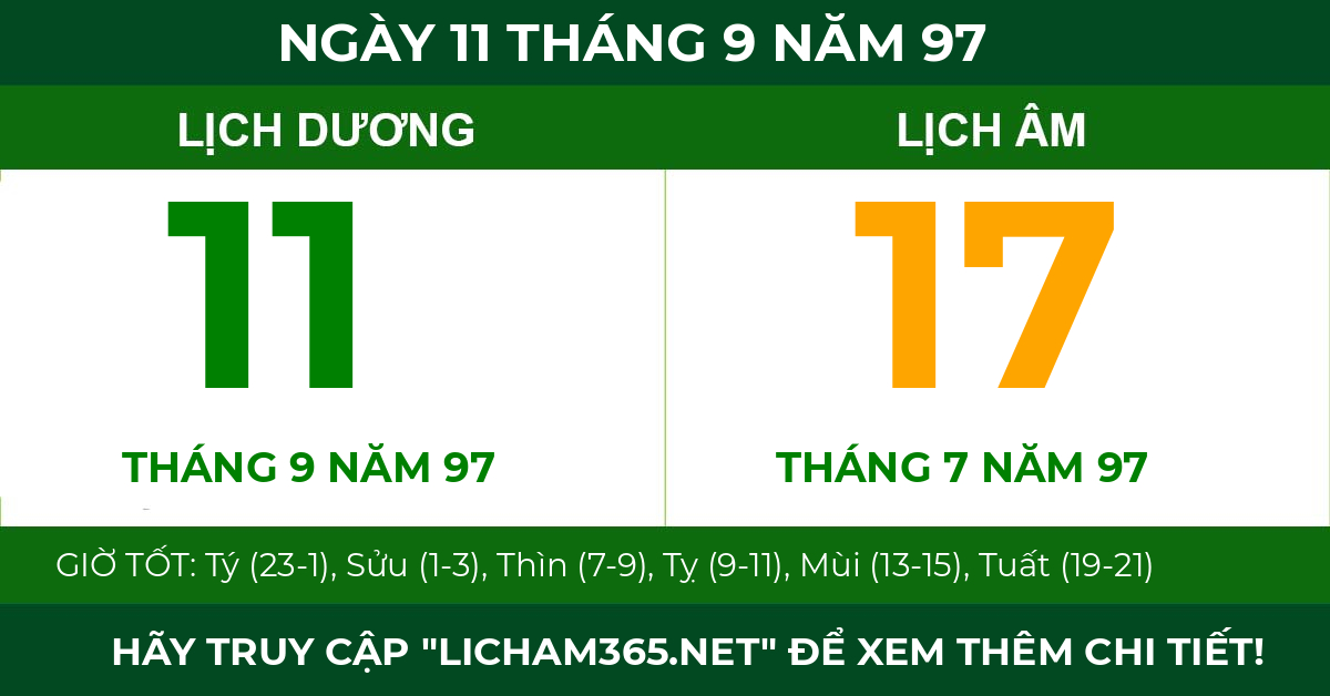 lịch âm ngày 11 tháng 9 năm 97
