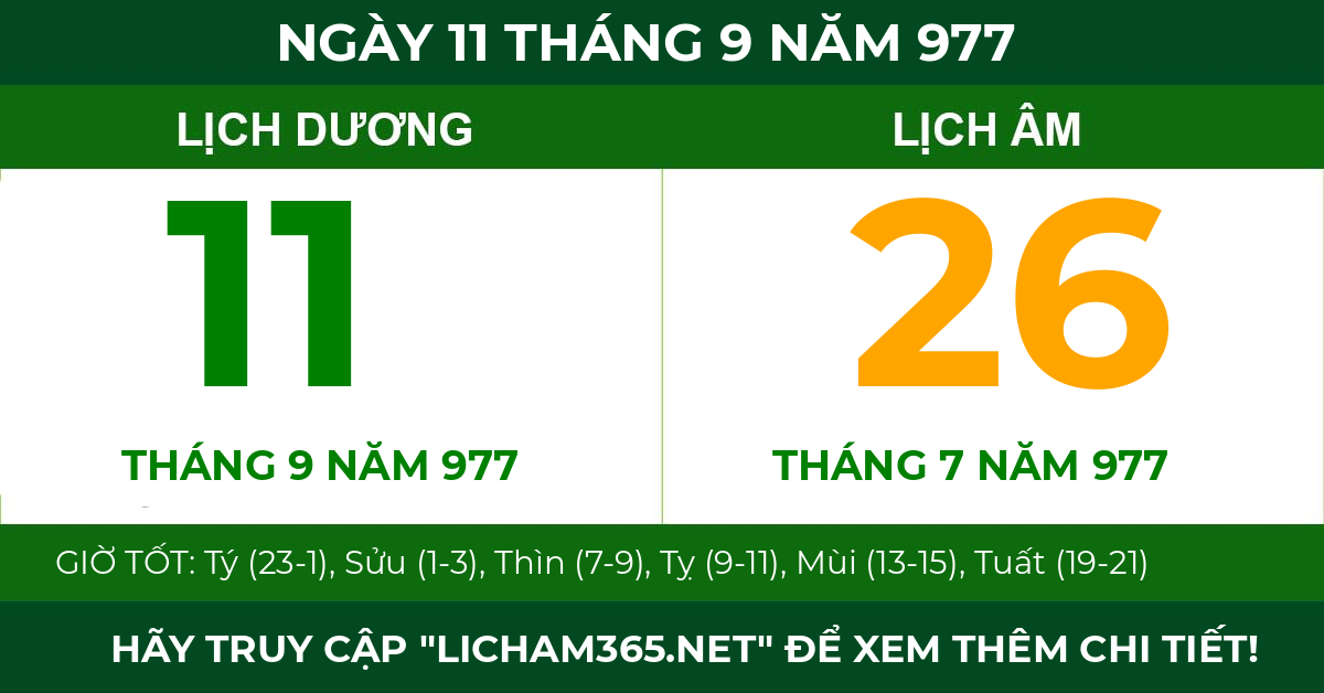 lịch âm ngày 11 tháng 9 năm 977