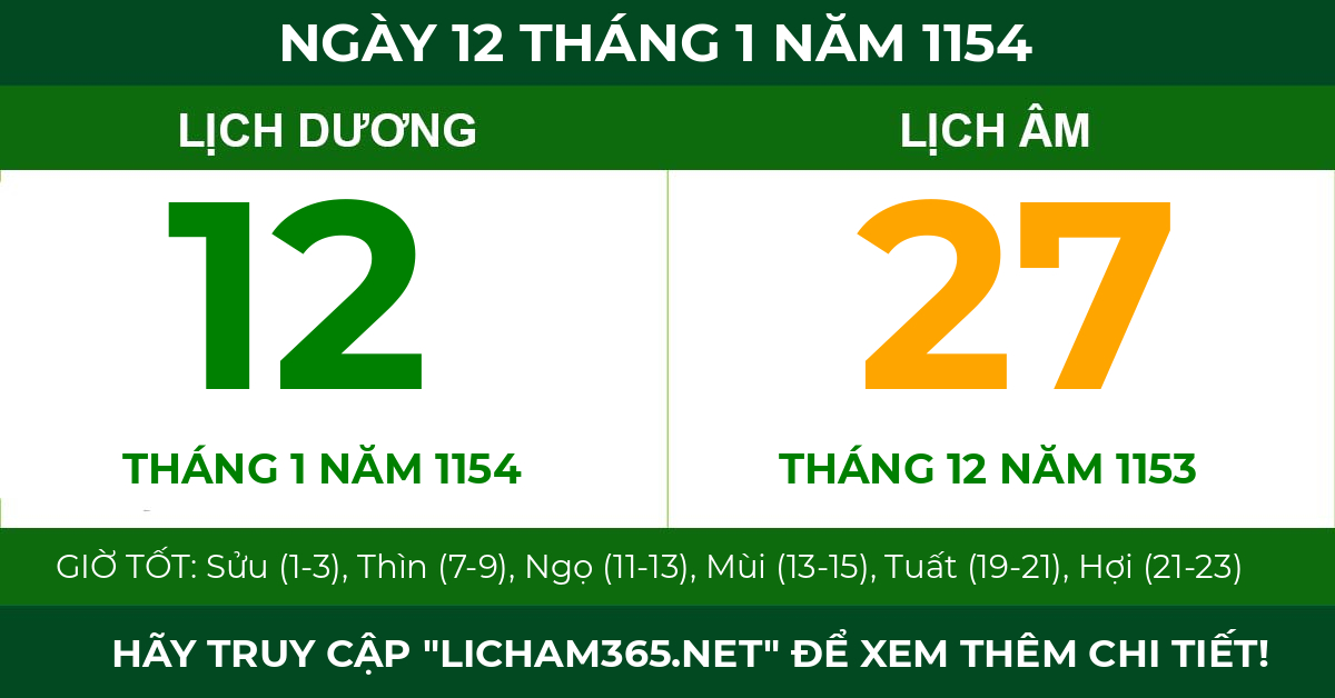 lịch âm ngày 12 tháng 1 năm 1154