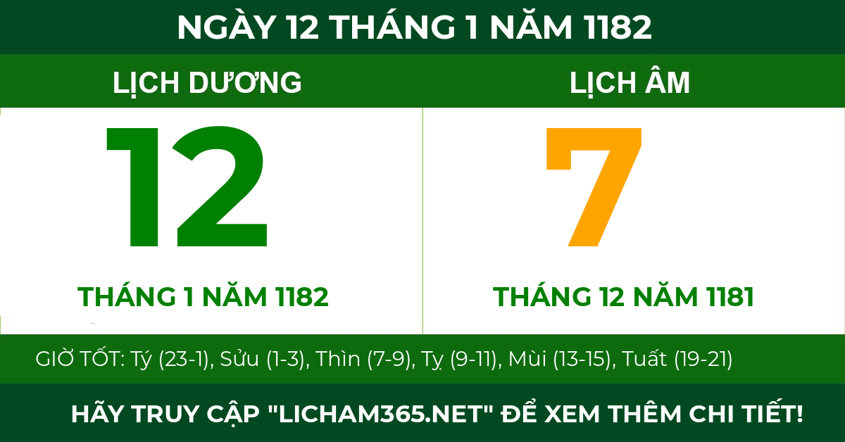lịch âm ngày 12 tháng 1 năm 1182