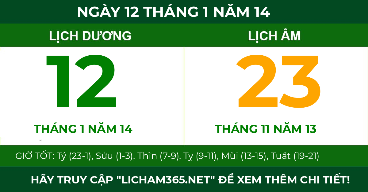 lịch âm ngày 12 tháng 1 năm 14