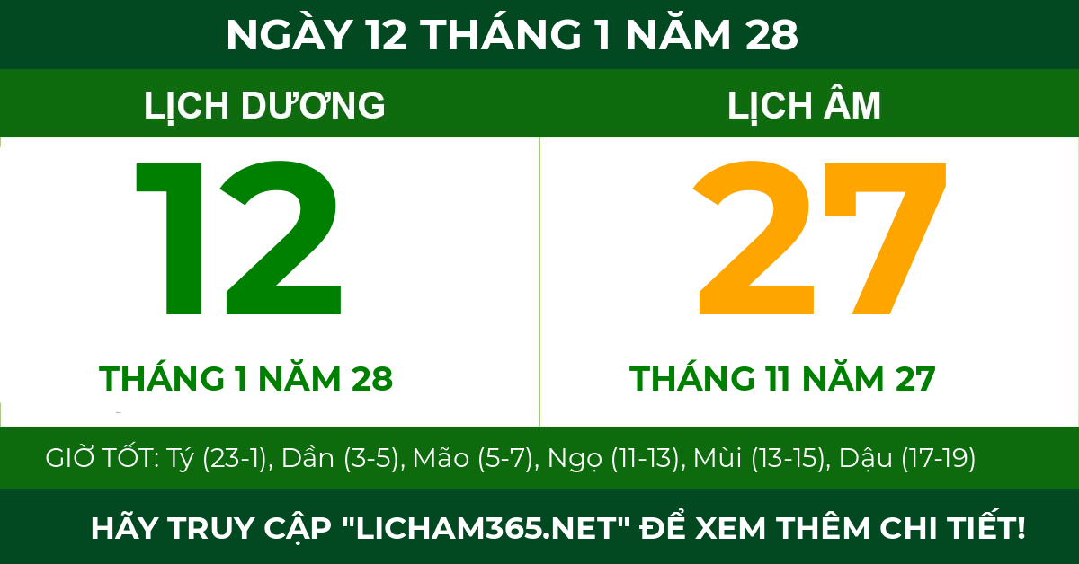 lịch âm ngày 12 tháng 1 năm 28