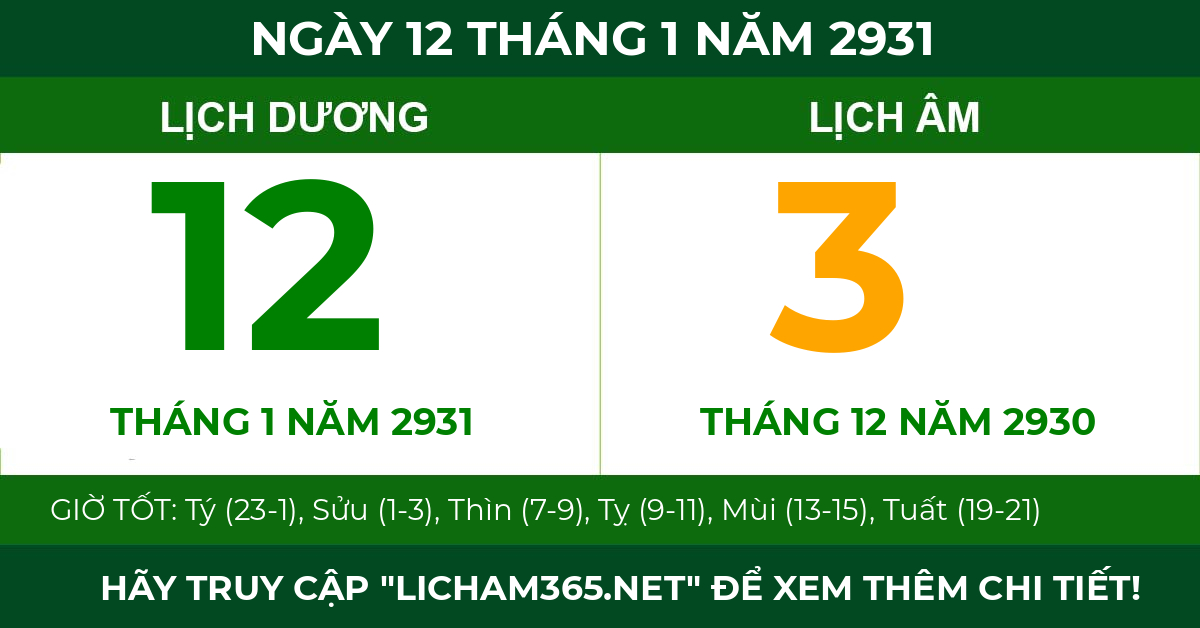 lịch âm ngày 12 tháng 1 năm 2931