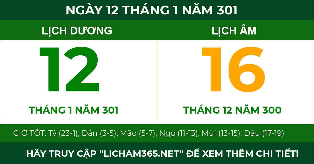 lịch âm ngày 12 tháng 1 năm 301