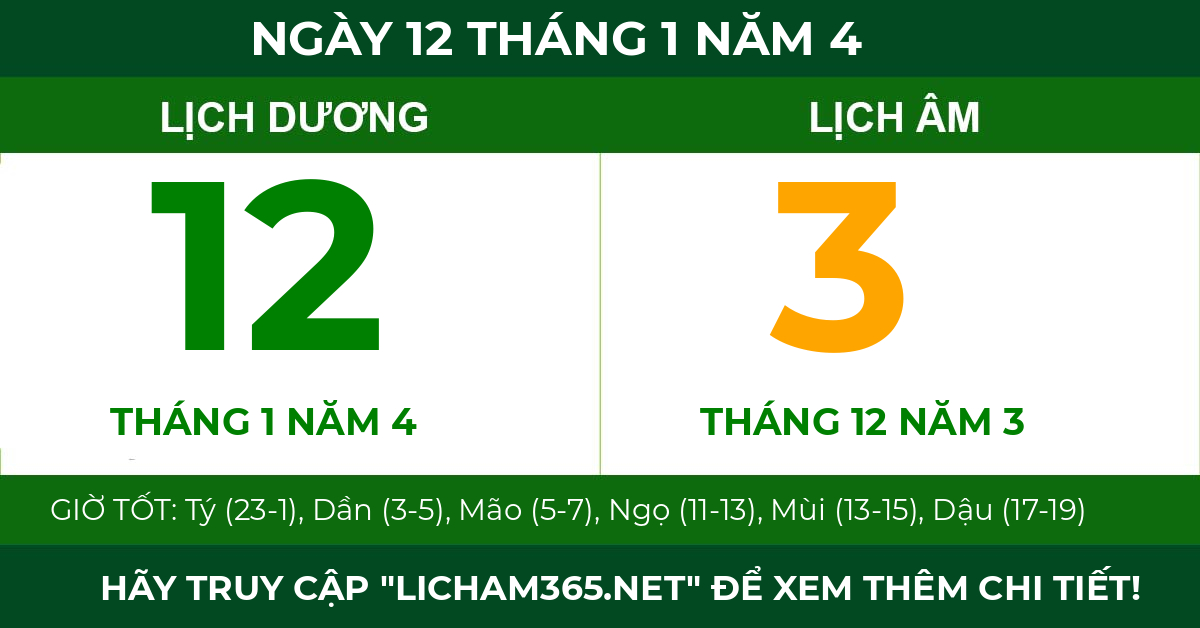 lịch âm ngày 12 tháng 1 năm 4