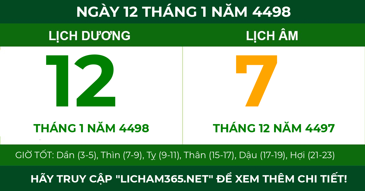 lịch âm ngày 12 tháng 1 năm 4498
