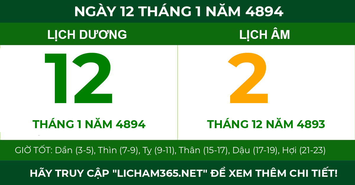 lịch âm ngày 12 tháng 1 năm 4894