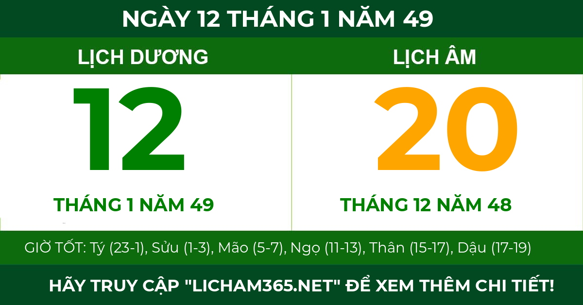 lịch âm ngày 12 tháng 1 năm 49