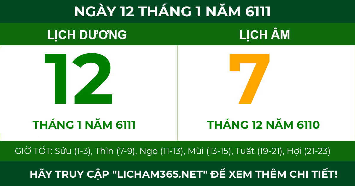 lịch âm ngày 12 tháng 1 năm 6111