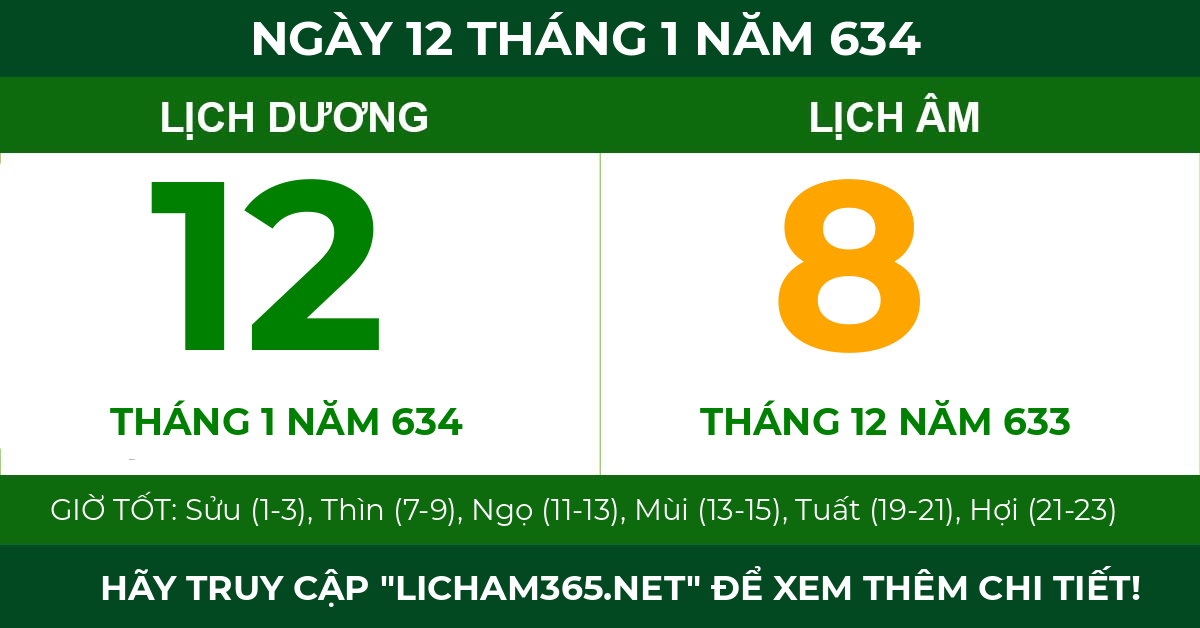 lịch âm ngày 12 tháng 1 năm 634