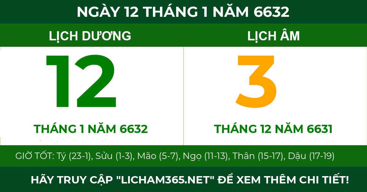 lịch âm ngày 12 tháng 1 năm 6632