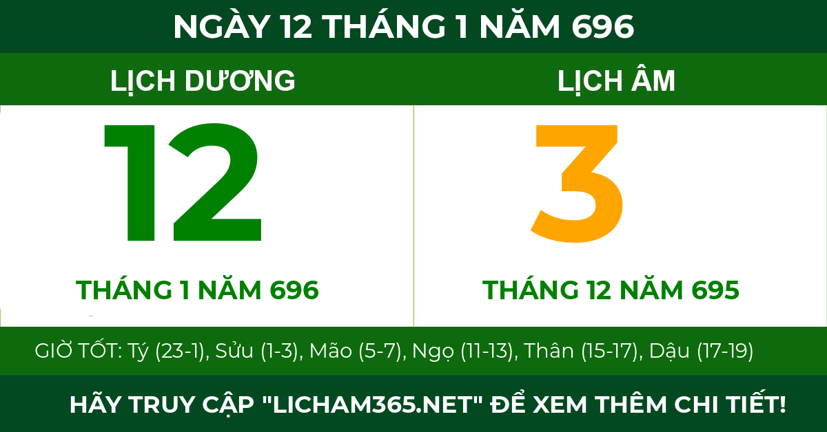 lịch âm ngày 12 tháng 1 năm 696