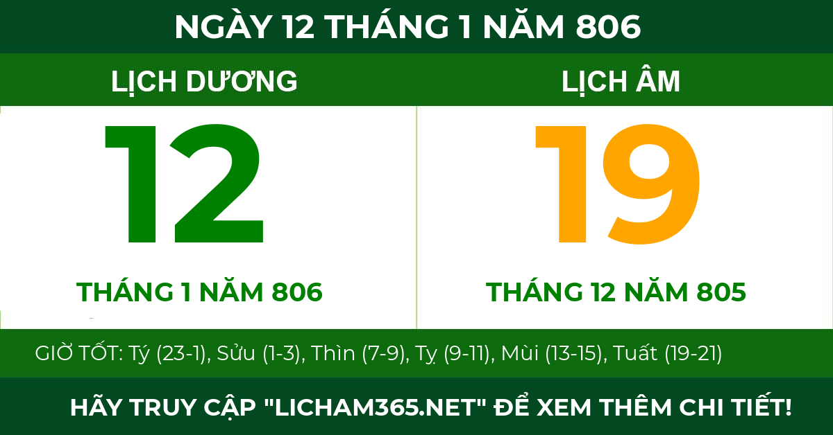lịch âm ngày 12 tháng 1 năm 806