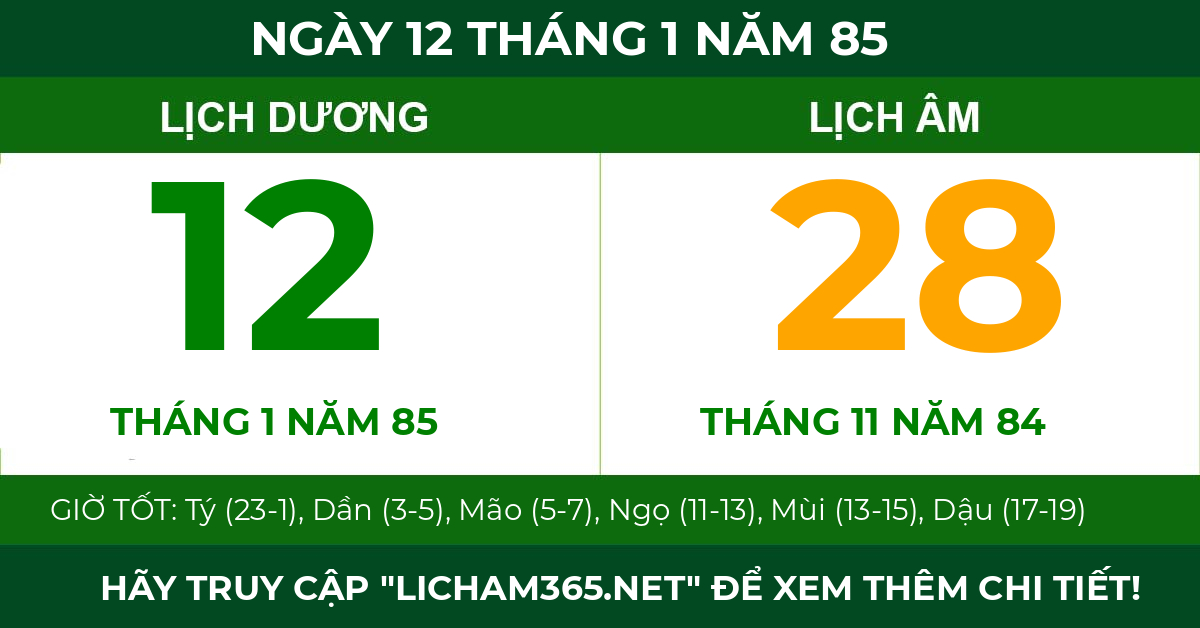 lịch âm ngày 12 tháng 1 năm 85