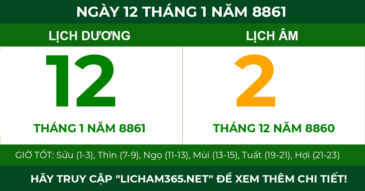 lịch âm ngày 12 tháng 1 năm 8861