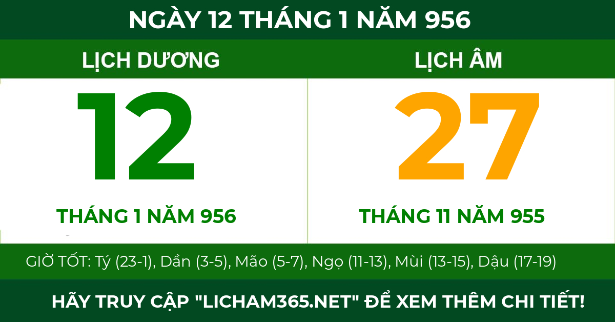 lịch âm ngày 12 tháng 1 năm 956