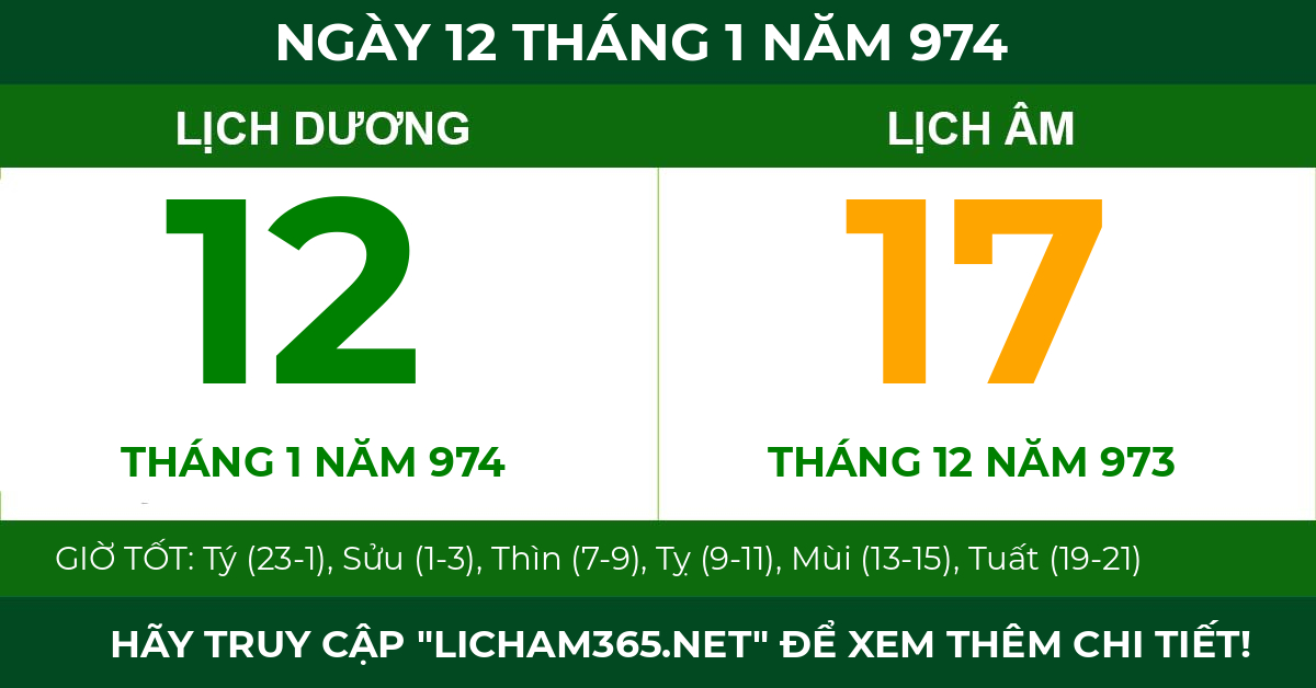 lịch âm ngày 12 tháng 1 năm 974