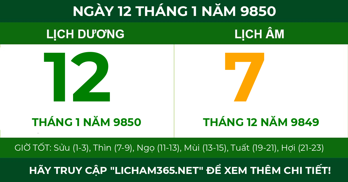 lịch âm ngày 12 tháng 1 năm 9850