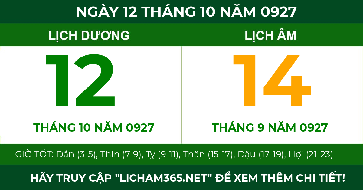 lịch âm ngày 12 tháng 10 năm 0927