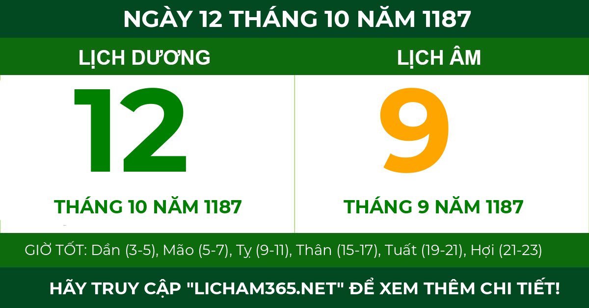 lịch âm ngày 12 tháng 10 năm 1187
