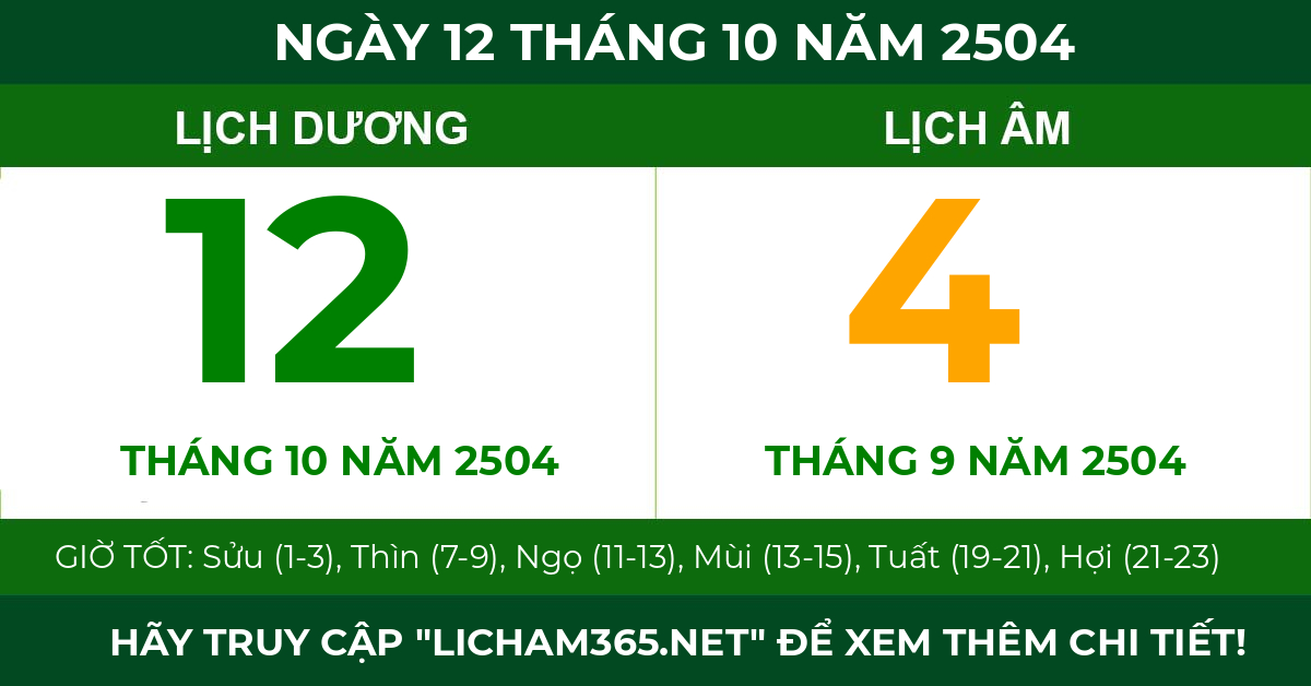 lịch âm ngày 12 tháng 10 năm 2504