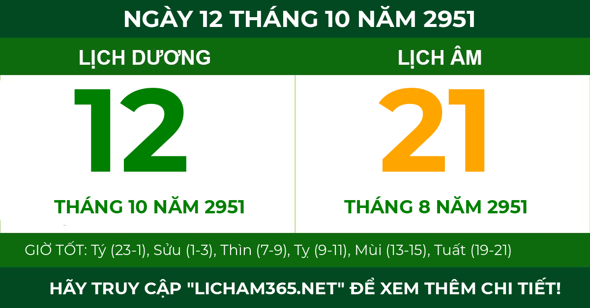 lịch âm ngày 12 tháng 10 năm 2951