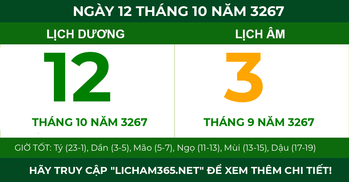 lịch âm ngày 12 tháng 10 năm 3267