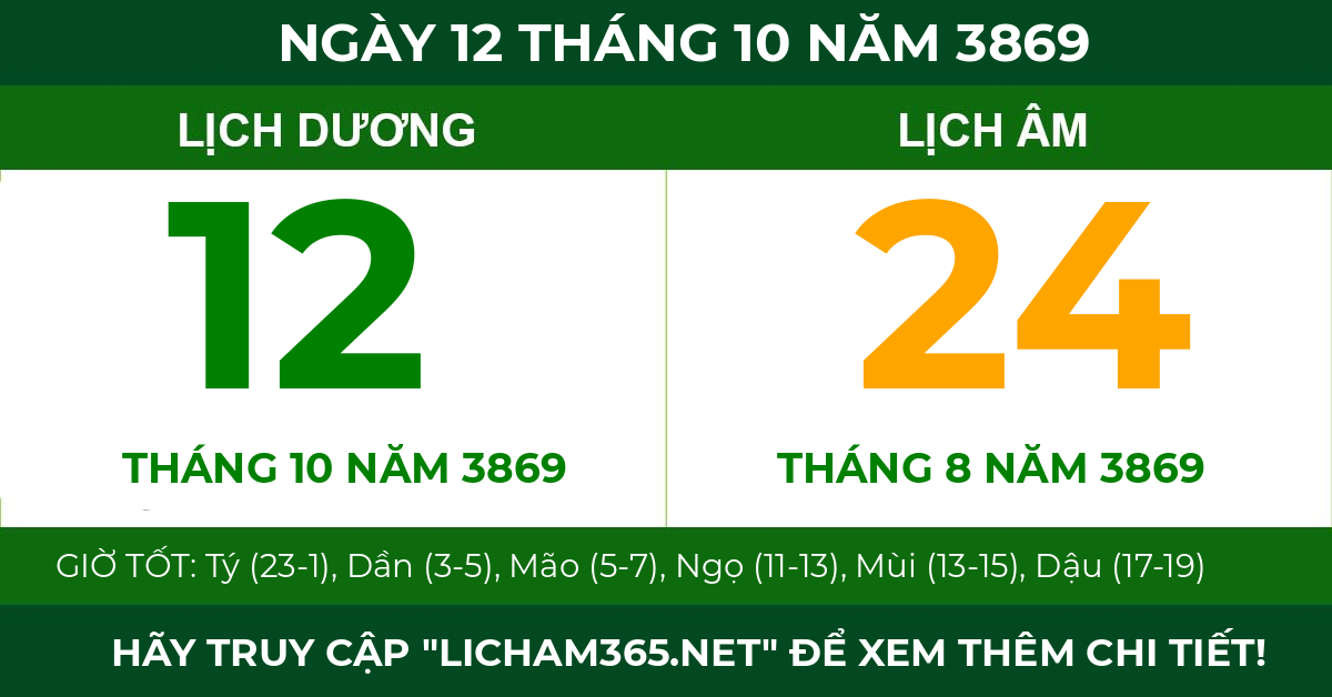 lịch âm ngày 12 tháng 10 năm 3869