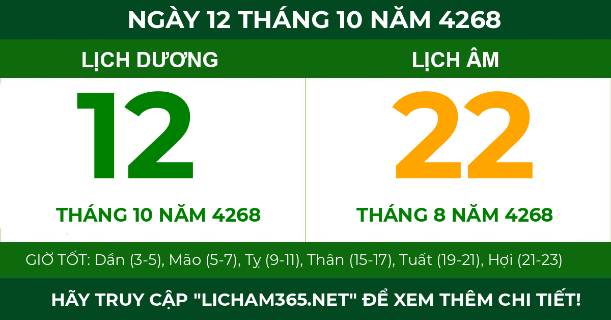 lịch âm ngày 12 tháng 10 năm 4268