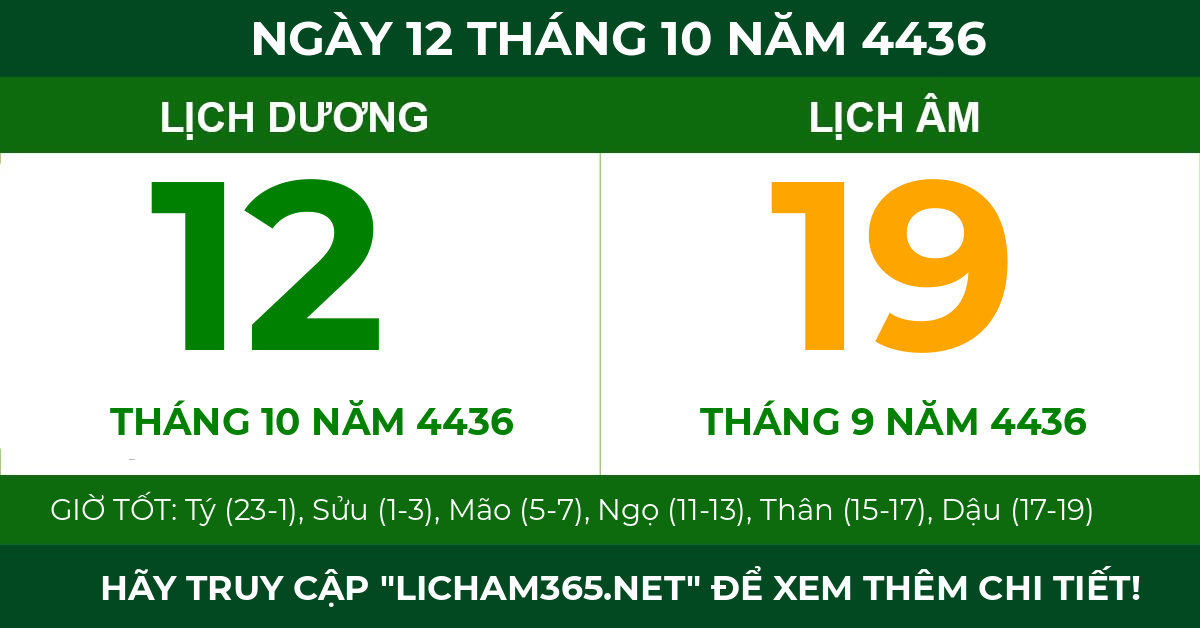 lịch âm ngày 12 tháng 10 năm 4436