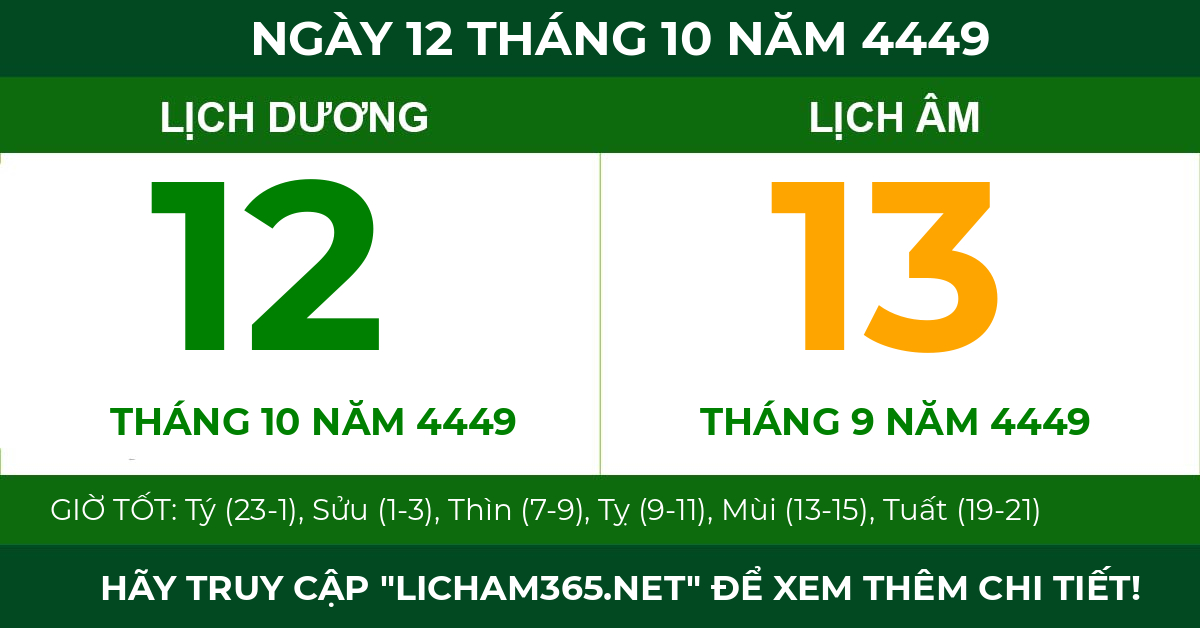 lịch âm ngày 12 tháng 10 năm 4449