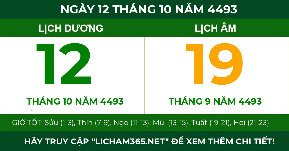 lịch âm ngày 12 tháng 10 năm 4493