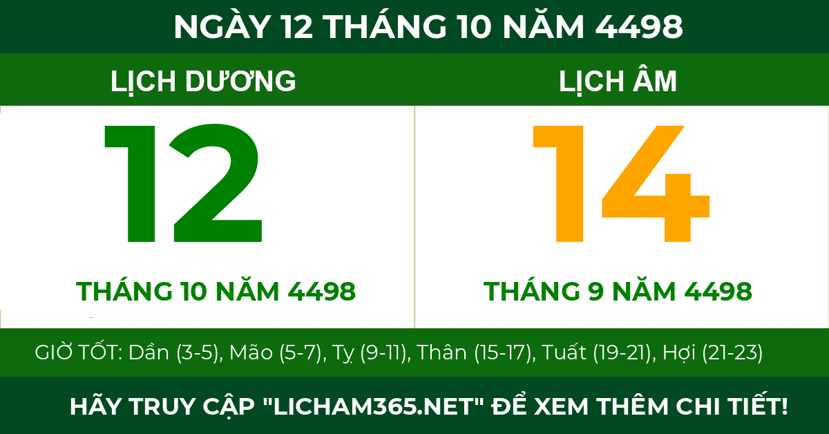 lịch âm ngày 12 tháng 10 năm 4498