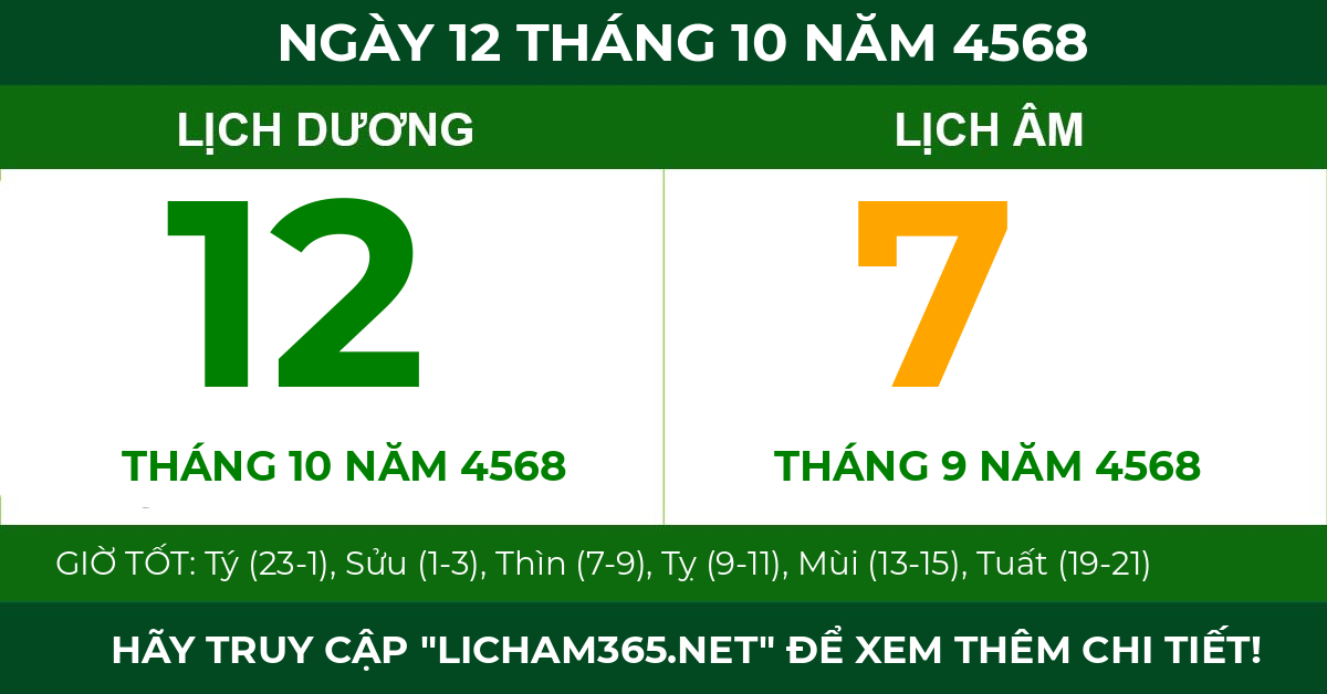 lịch âm ngày 12 tháng 10 năm 4568