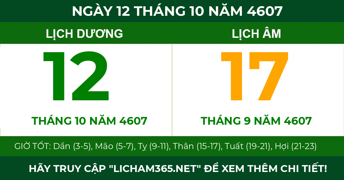 lịch âm ngày 12 tháng 10 năm 4607