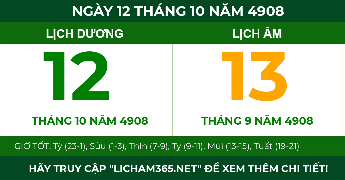 lịch âm ngày 12 tháng 10 năm 4908