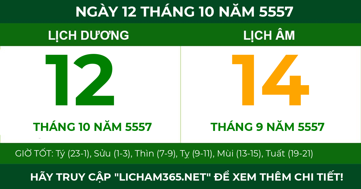 lịch âm ngày 12 tháng 10 năm 5557
