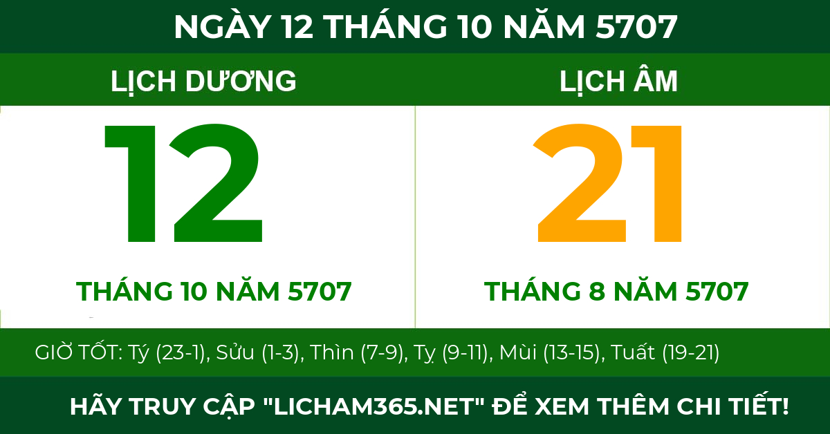 lịch âm ngày 12 tháng 10 năm 5707