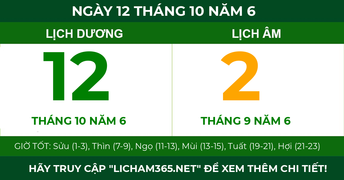 lịch âm ngày 12 tháng 10 năm 6