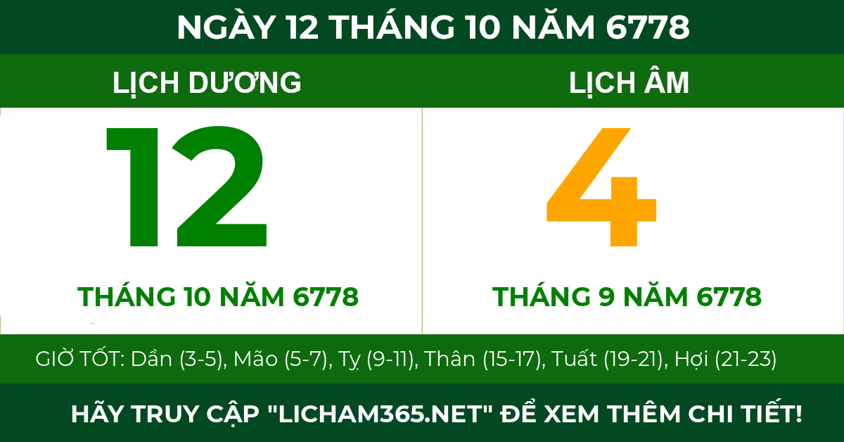 lịch âm ngày 12 tháng 10 năm 6778