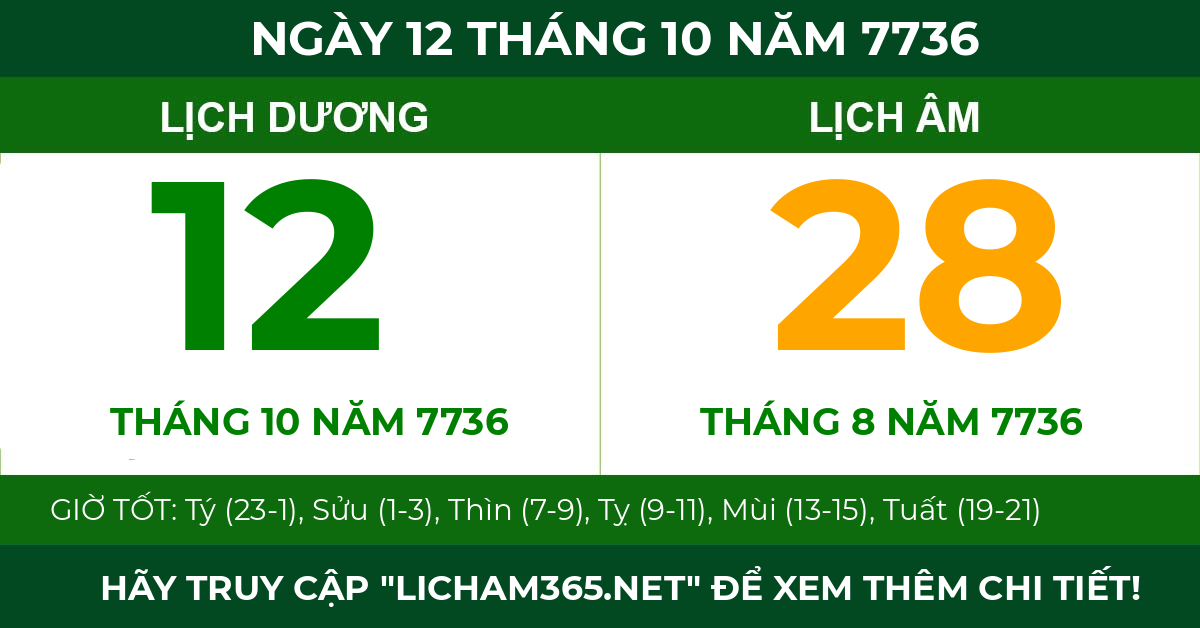 lịch âm ngày 12 tháng 10 năm 7736