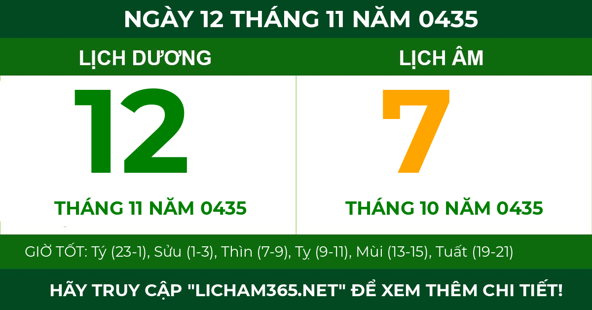 lịch âm ngày 12 tháng 11 năm 0435