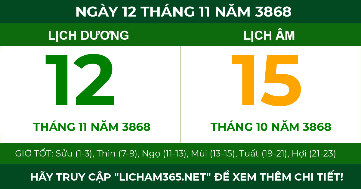lịch âm ngày 12 tháng 11 năm 3868
