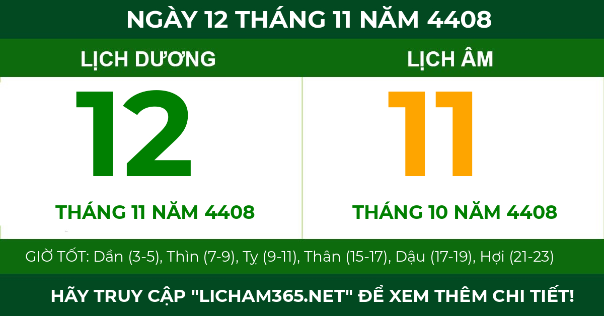 lịch âm ngày 12 tháng 11 năm 4408