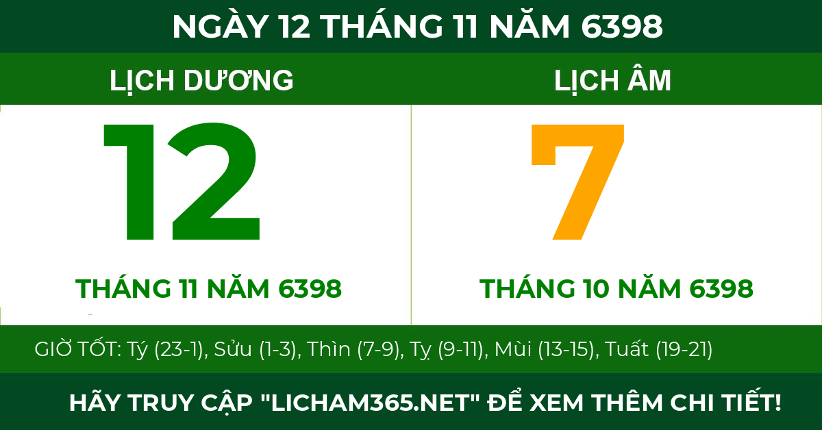 lịch âm ngày 12 tháng 11 năm 6398