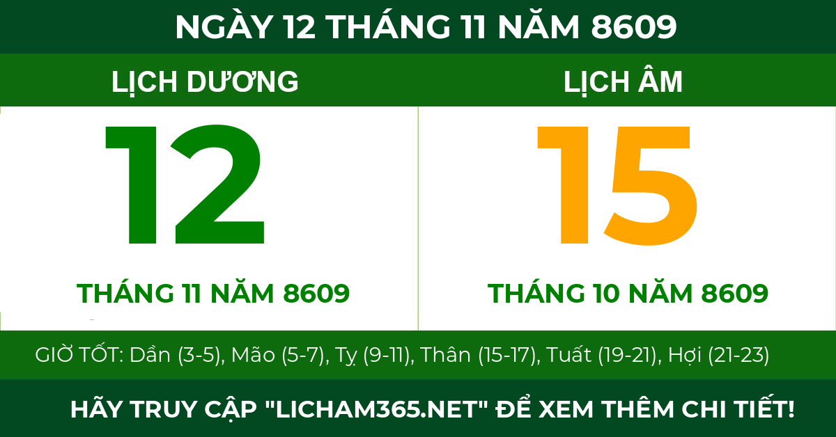 lịch âm ngày 12 tháng 11 năm 8609